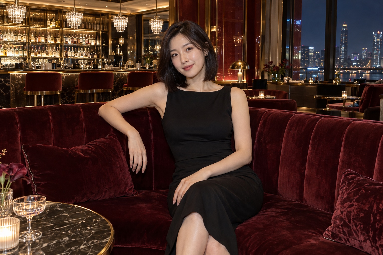 샹들리에와 조명 장식이 있는 라운지의 버건디 소파에서 블랙 원피스를 입은 여성