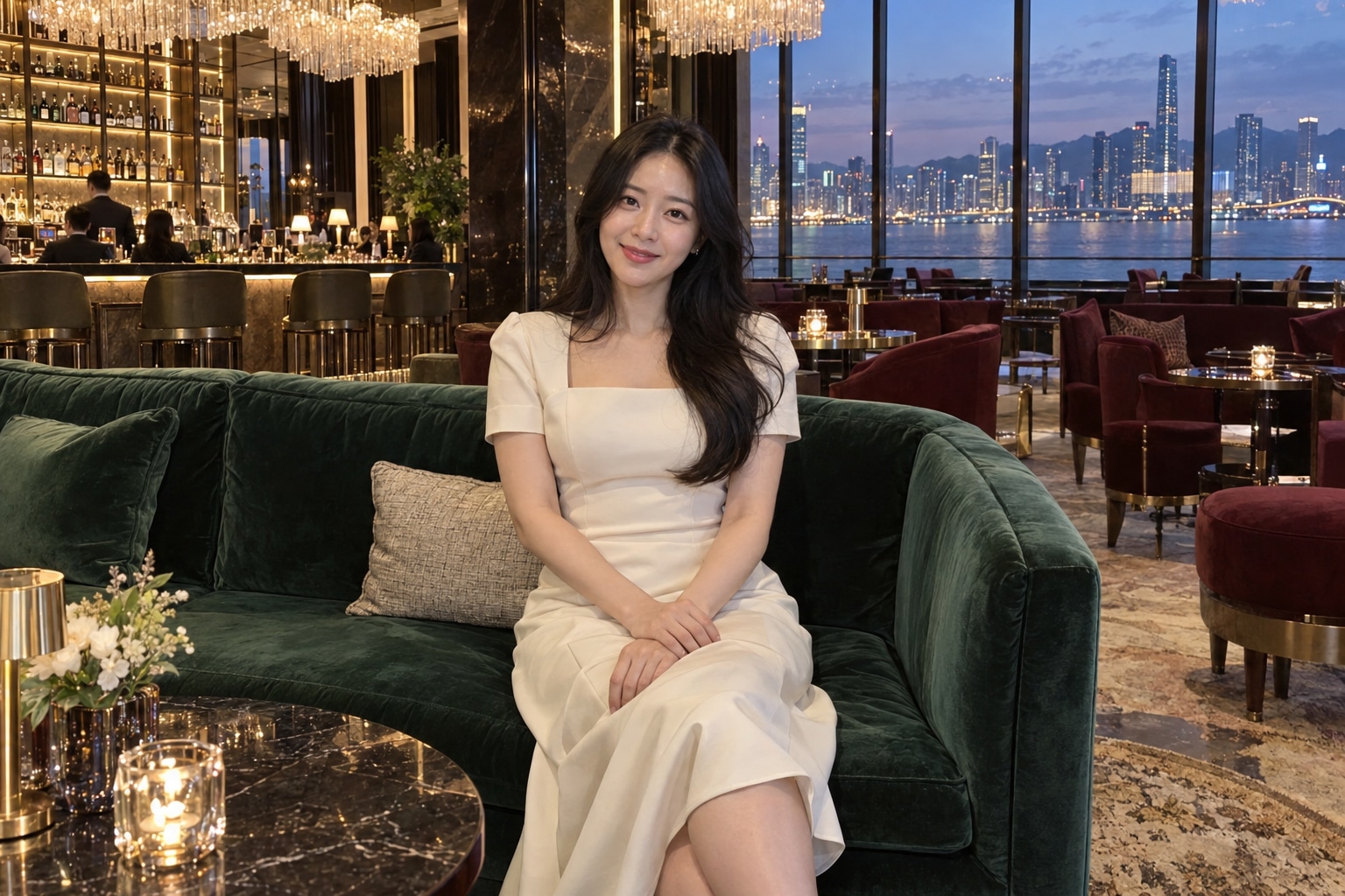 야경이 보이는 라운지의 녹색 소파에서 아이보리 원피스를 입고 앉아 있는 여성
