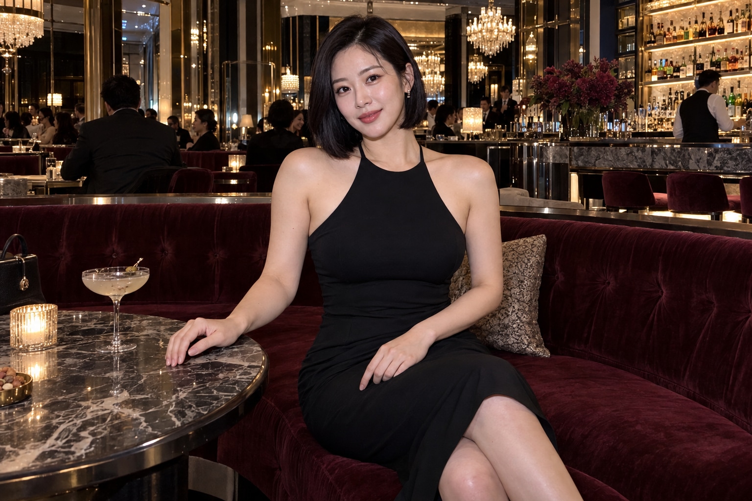 샹들리에와 바 조명이 있는 라운지에서 블랙 홀터넥 원피스를 입고 앉아 있는 여성