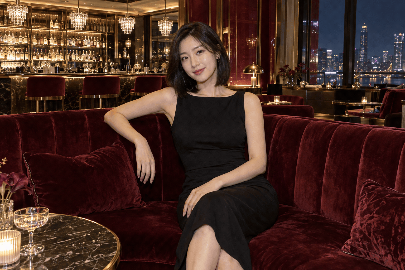 샹들리에와 조명 장식이 있는 라운지의 버건디 소파에서 블랙 원피스를 입은 여성