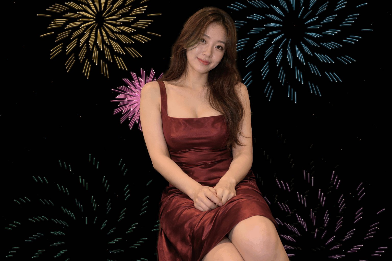 버건디 새틴 원피스를 입고 앉아 있는 브라운 헤어의 여성